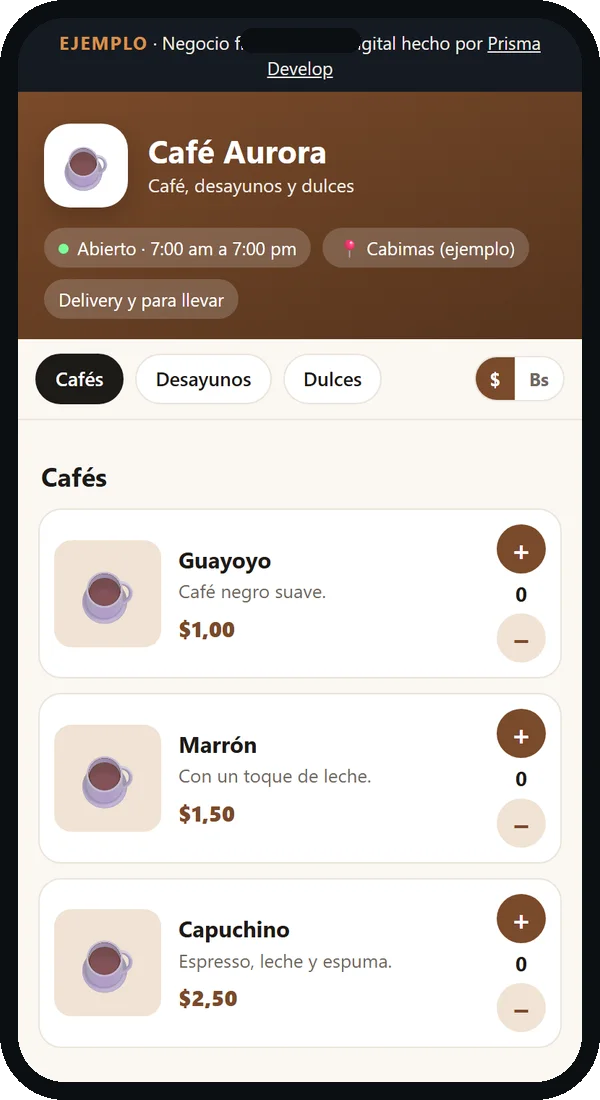 Ejemplo de menú digital para cafetería en el celular: Café Aurora (negocio ficticio)