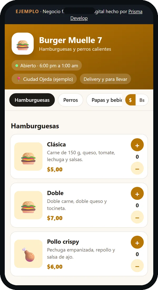 Ejemplo de menú digital para comida rápida en el celular: Burger Muelle 7 (negocio ficticio)