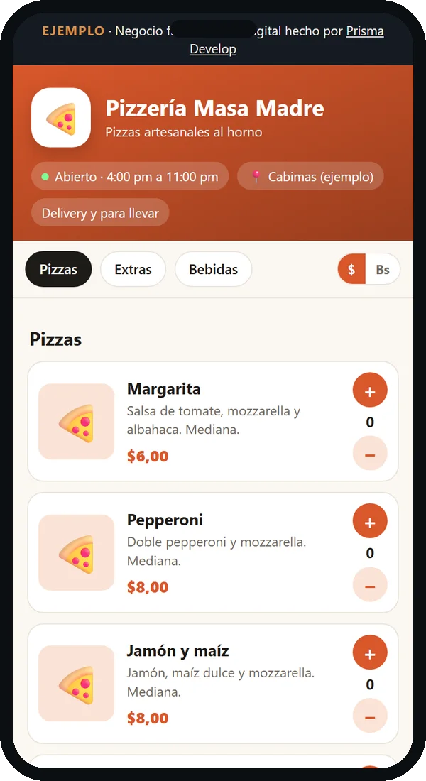 Ejemplo de menú digital para pizzería en el celular: Pizzería Masa Madre (negocio ficticio)