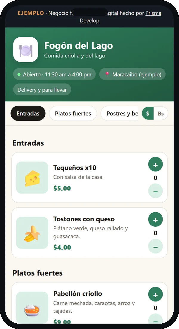 Ejemplo de menú digital para restaurante en el celular: Fogón del Lago (negocio ficticio)