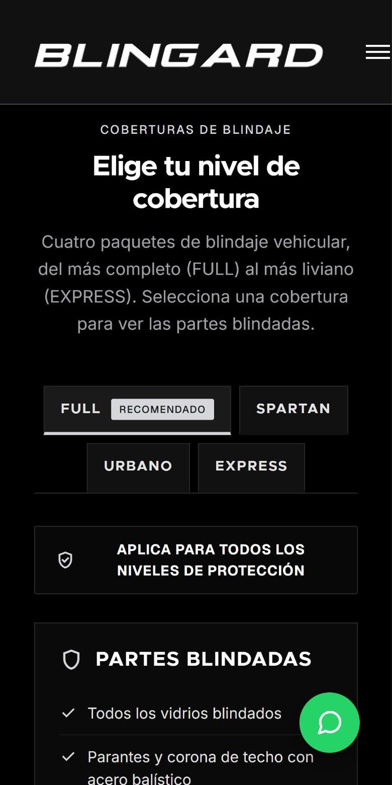 Selector de cobertura de la web de Blingard con los paquetes FULL, SPARTAN, URBANO y EXPRESS