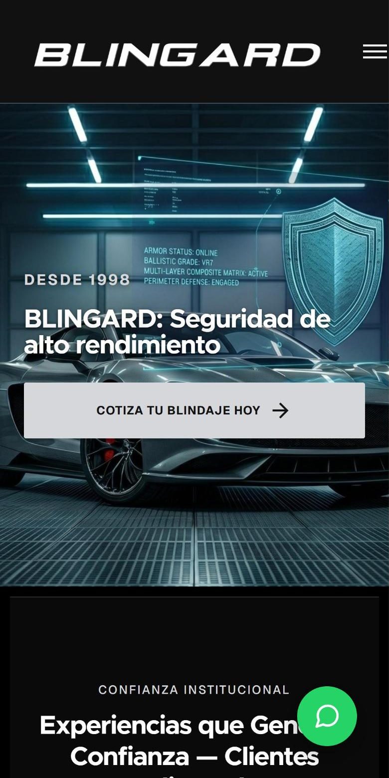 Portada de la web de Blingard, blindaje de vehículos en Ecuador, con el botón para cotizar