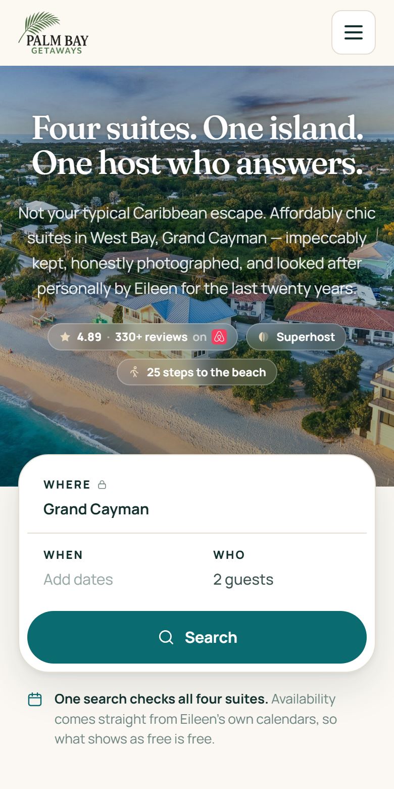 Sitio web de Palm Bay Getaways: alquiler vacacional con reservas conectadas a Google Calendar en Islas Caimán