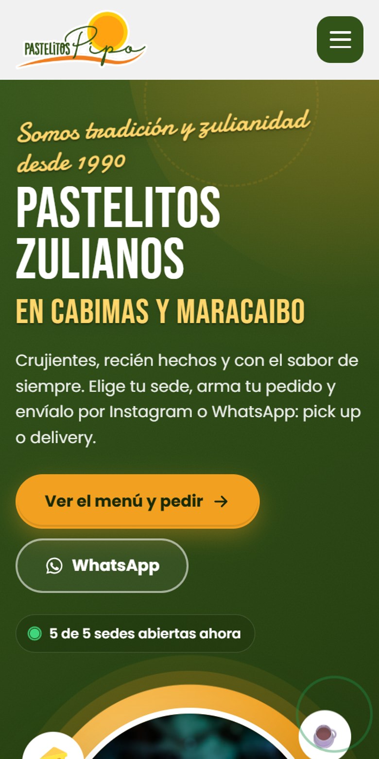 Portada de la web de Pastelitos Pipo con el botón Ver el menú y pedir y las sedes abiertas en ese momento